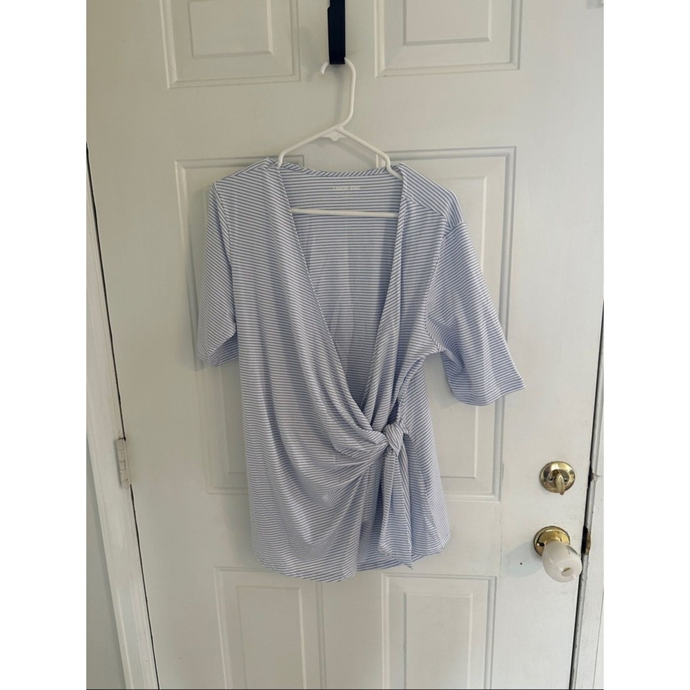 Lands' End Light Blue and White Striped Short Sleeve Wrap Tee
